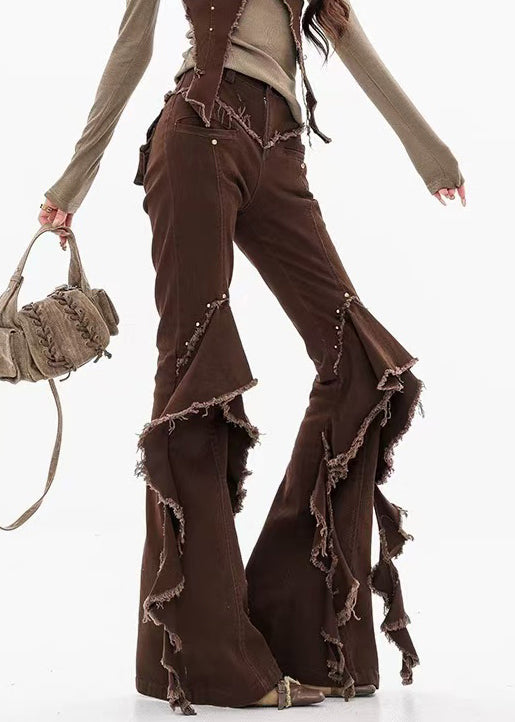 Unique Coffee Raw Edge High Waist Denim Flared Trousers Fall
