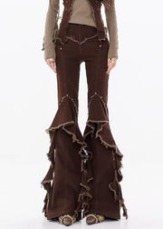 Unique Coffee Raw Edge High Waist Denim Flared Trousers Fall
