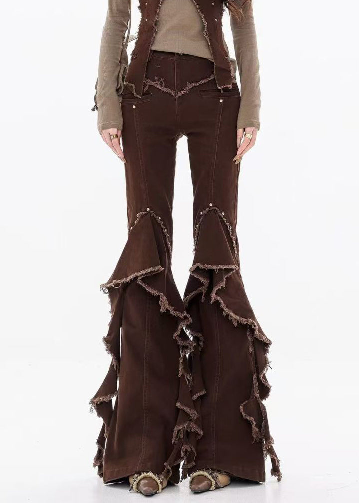 Unique Coffee Raw Edge High Waist Denim Flared Trousers Fall