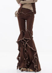 Unique Coffee Raw Edge High Waist Denim Flared Trousers Fall