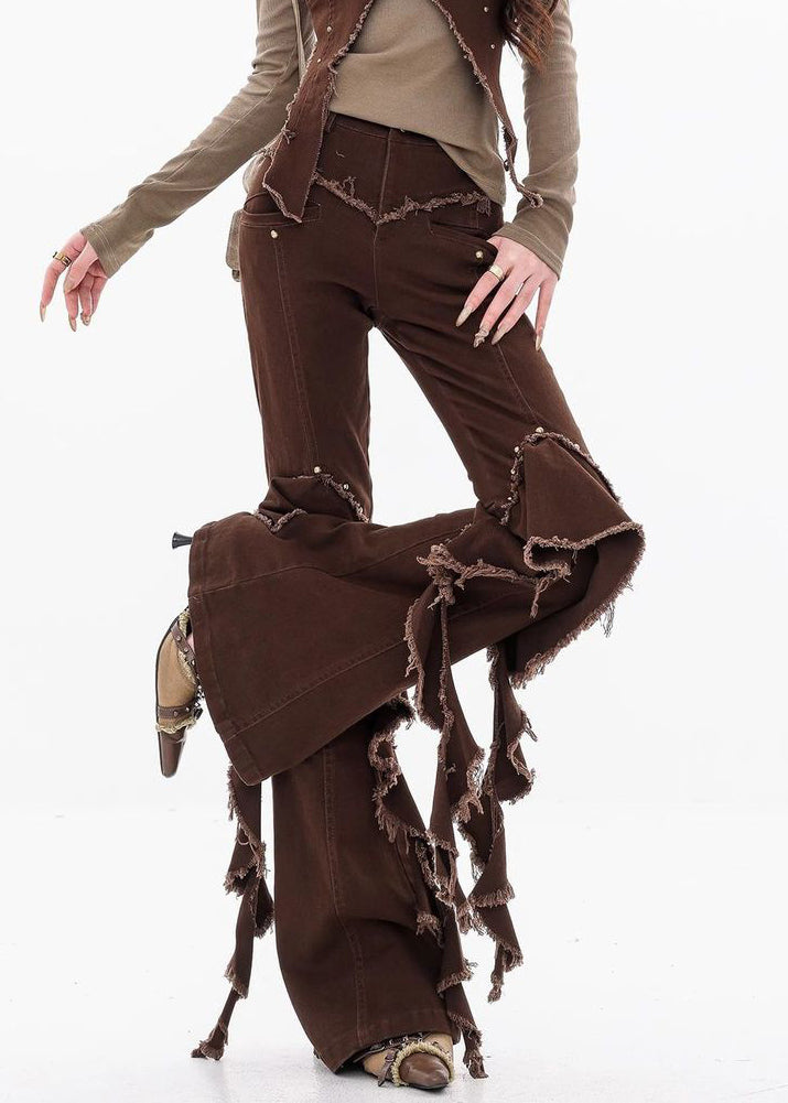 Unique Coffee Raw Edge High Waist Denim Flared Trousers Fall