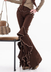 Unique Coffee Raw Edge High Waist Denim Flared Trousers Fall