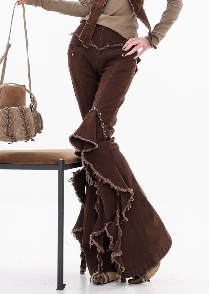 Unique Coffee Raw Edge High Waist Denim Flared Trousers Fall