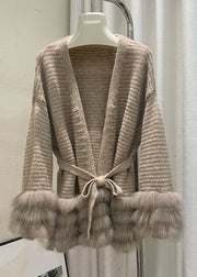 Unique Coffee V Neck Fox Patchwork Cotton Knit Cardigans Fall