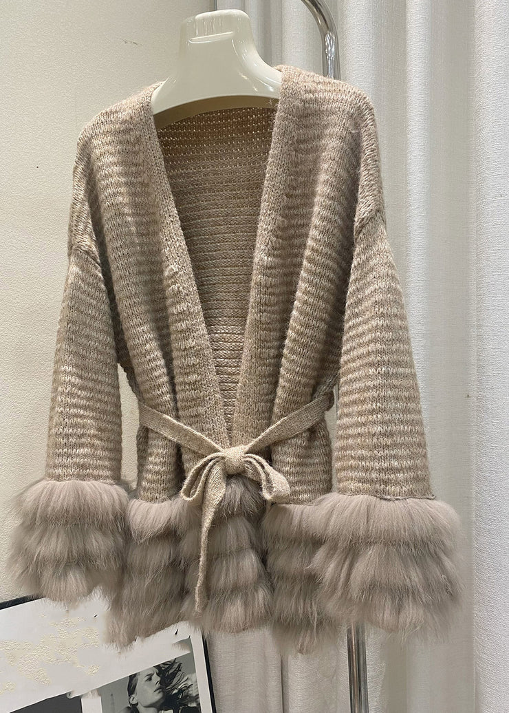 Unique Coffee V Neck Fox Patchwork Cotton Knit Cardigans Fall