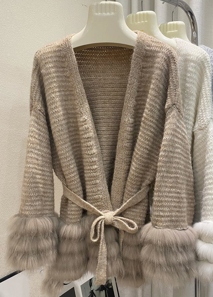 Unique Coffee V Neck Fox Patchwork Cotton Knit Cardigans Fall