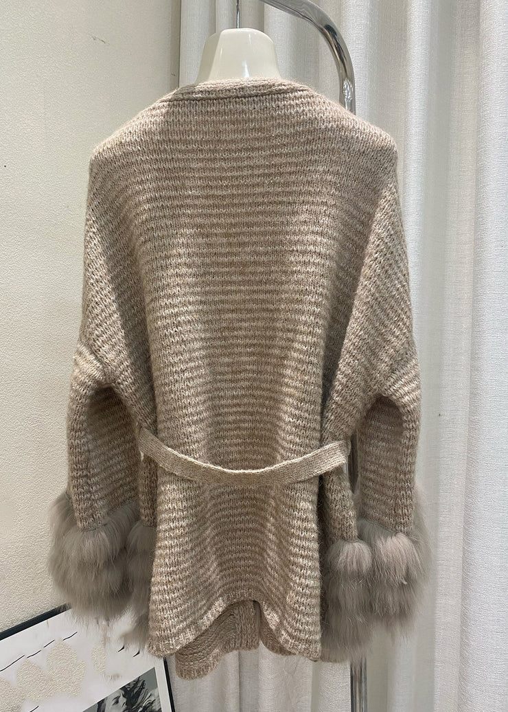 Unique Coffee V Neck Fox Patchwork Cotton Knit Cardigans Fall