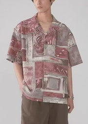 Unique Colorblock Peter Pan Collar Print Cotton Mens Shirts Summer