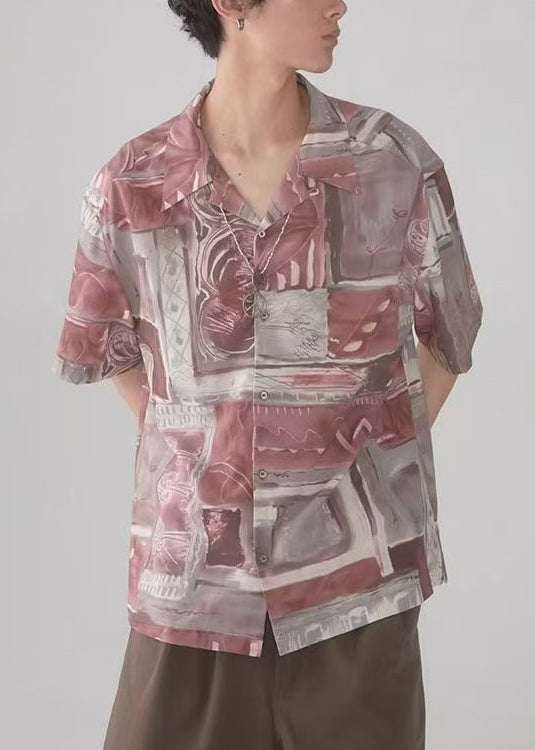 Unique Colorblock Peter Pan Collar Print Cotton Mens Shirts Summer