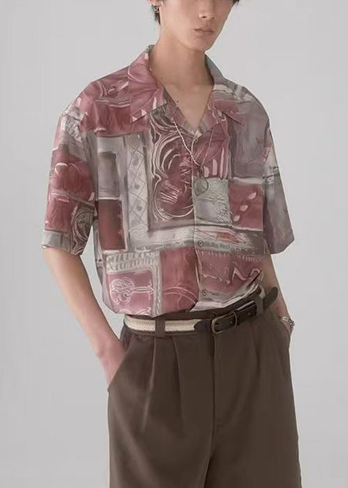 Unique Colorblock Peter Pan Collar Print Cotton Mens Shirts Summer