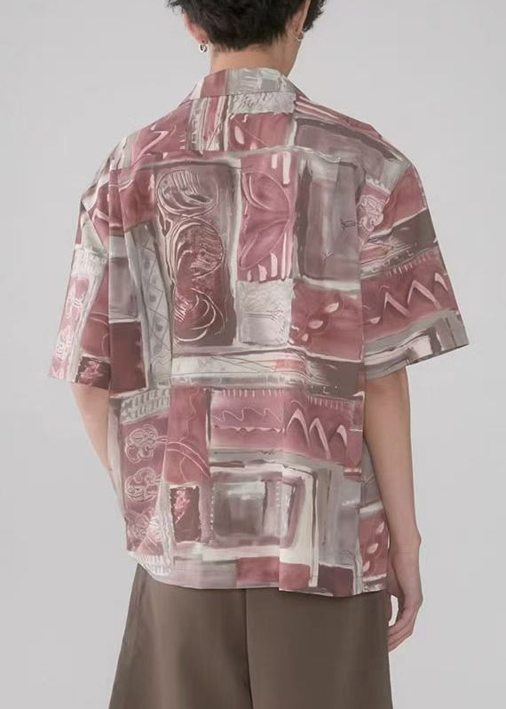 Unique Colorblock Peter Pan Collar Print Cotton Mens Shirts Summer