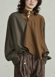 Unique Colorblock Turtleneck Asymmetrical Patchwork T Shirt Lantern Sleeve