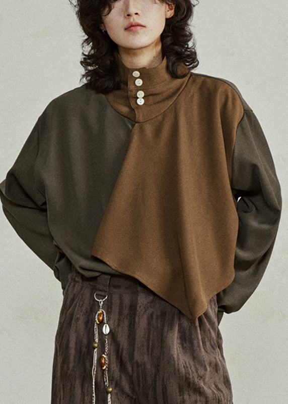 Unique Colorblock Turtleneck Asymmetrical Patchwork T Shirt Lantern Sleeve