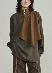 Unique Colorblock Turtleneck Asymmetrical Patchwork T Shirt Lantern Sleeve