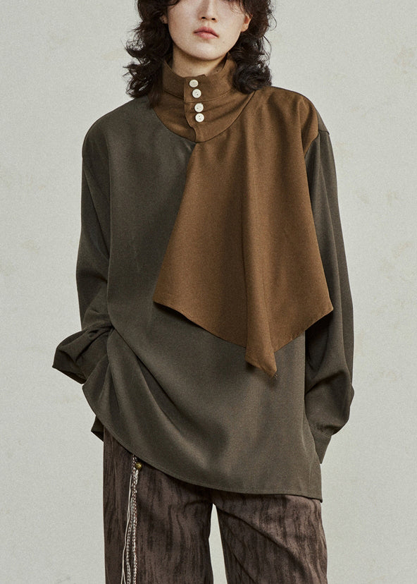 Unique Colorblock Turtleneck Asymmetrical Patchwork T Shirt Lantern Sleeve