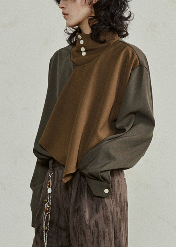 Unique Colorblock Turtleneck Asymmetrical Patchwork T Shirt Lantern Sleeve