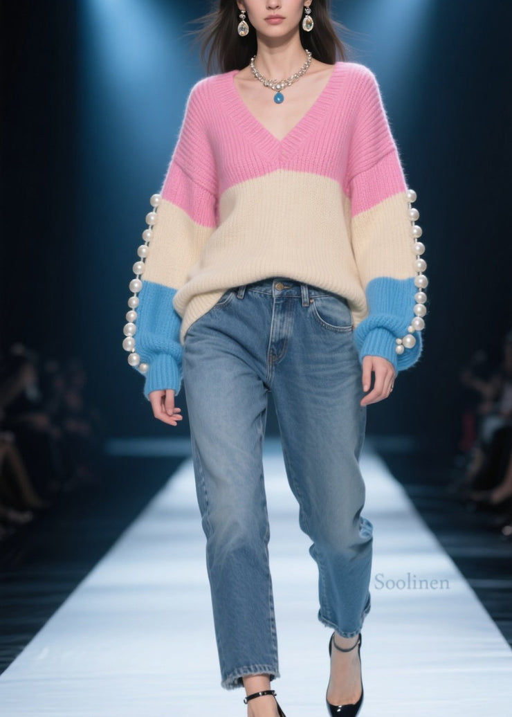 Unique Colorblock V Neck Nail Bead Patchwork Knit Sweaters Fall