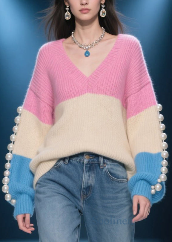Unique Colorblock V Neck Nail Bead Patchwork Knit Sweaters Fall