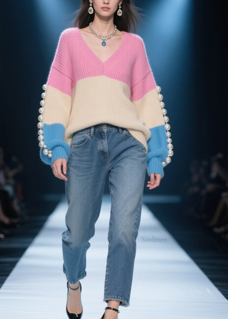 Unique Colorblock V Neck Nail Bead Patchwork Knit Sweaters Fall