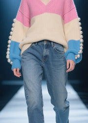 Unique Colorblock V Neck Nail Bead Patchwork Knit Sweaters Fall