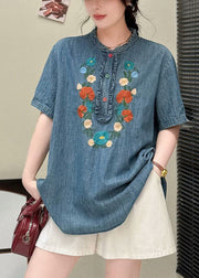 Unique Denim Blue Embroidered Ruffled Shirt Summer