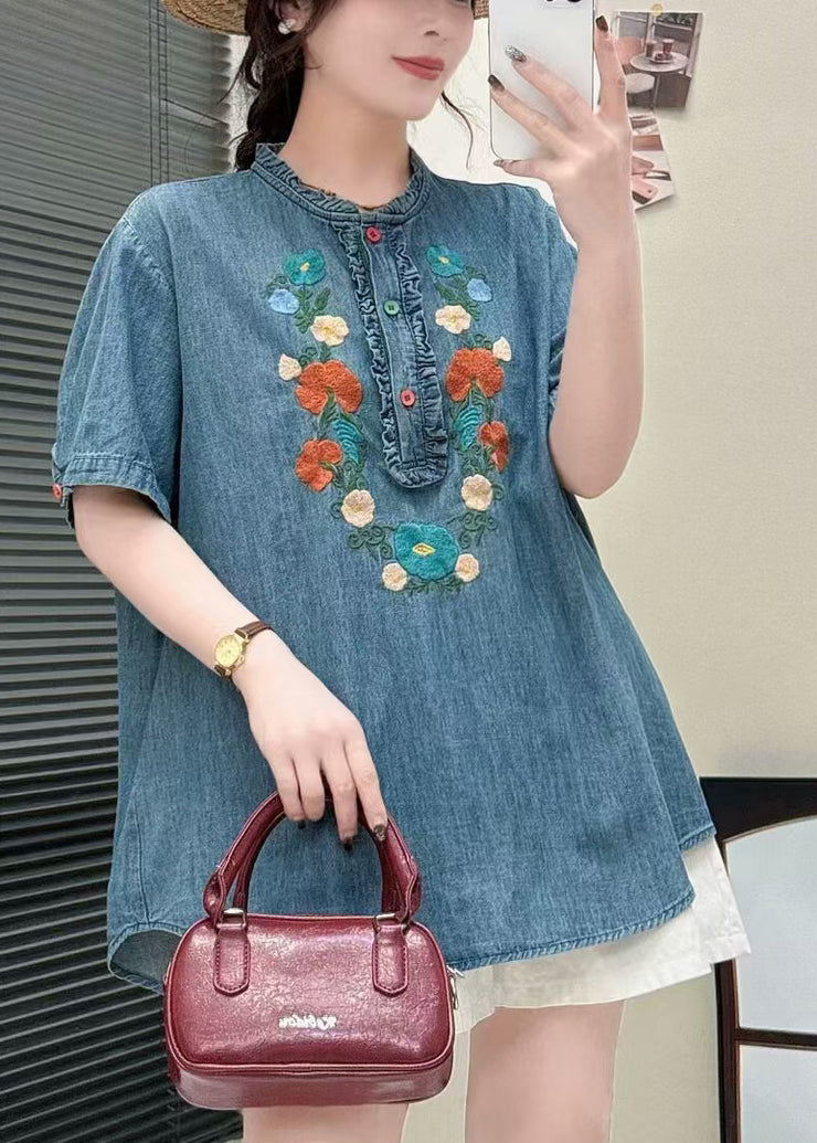 Unique Denim Blue Embroidered Ruffled Shirt Summer