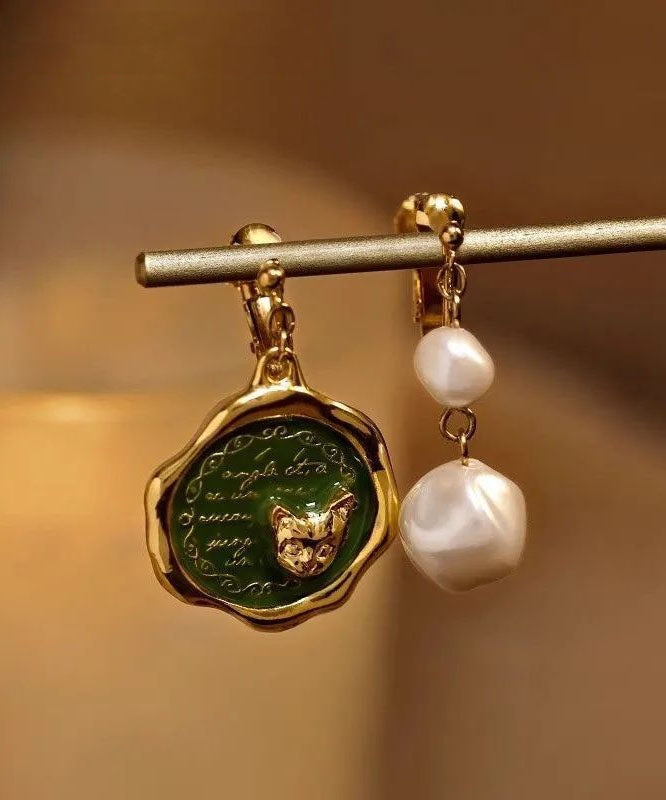 Unique Gold Alloy Pearl Cat Asymmetrical Drop Earrings