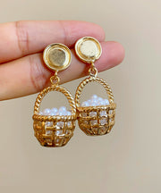 Unique Gold Copper Alloy Pearl Small Carrying Basket Hollow OutDrop Earrings