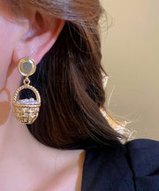 Unique Gold Copper Alloy Pearl Small Carrying Basket Hollow OutDrop Earrings