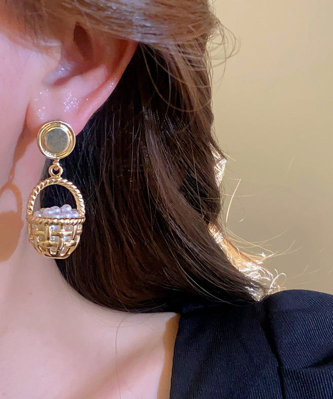 Unique Gold Copper Alloy Pearl Small Carrying Basket Hollow OutDrop Earrings