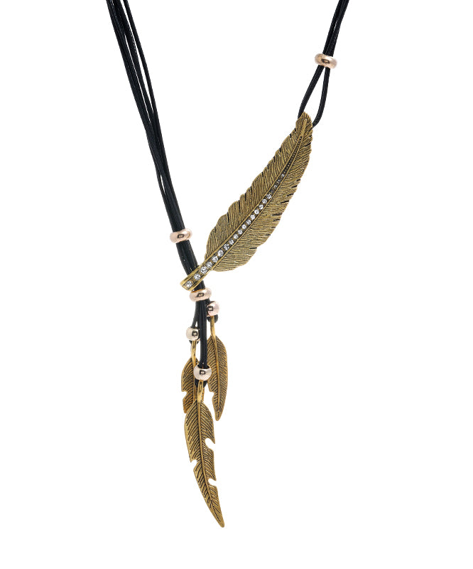 Unique Gold Copper Alloy Zircon Feather Leaf Pendant Necklace