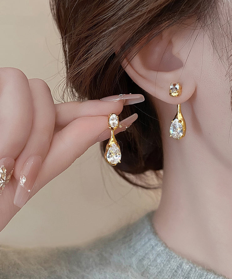Unique Gold Copper Alloy Zircon Water DropletStud Earrings