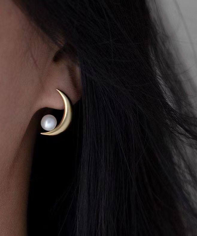 Unique Gold Sterling Silver Overgild Asymmetrical Moon Pearl Hoop Earrings