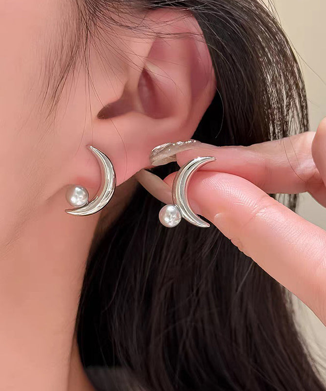 Unique Gold Sterling Silver Overgild Asymmetrical Moon Pearl Hoop Earrings
