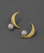 Unique Gold Sterling Silver Overgild Asymmetrical Moon Pearl Hoop Earrings