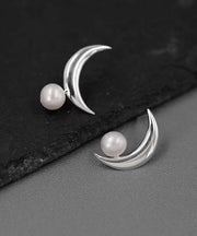 Unique Gold Sterling Silver Overgild Asymmetrical Moon Pearl Hoop Earrings