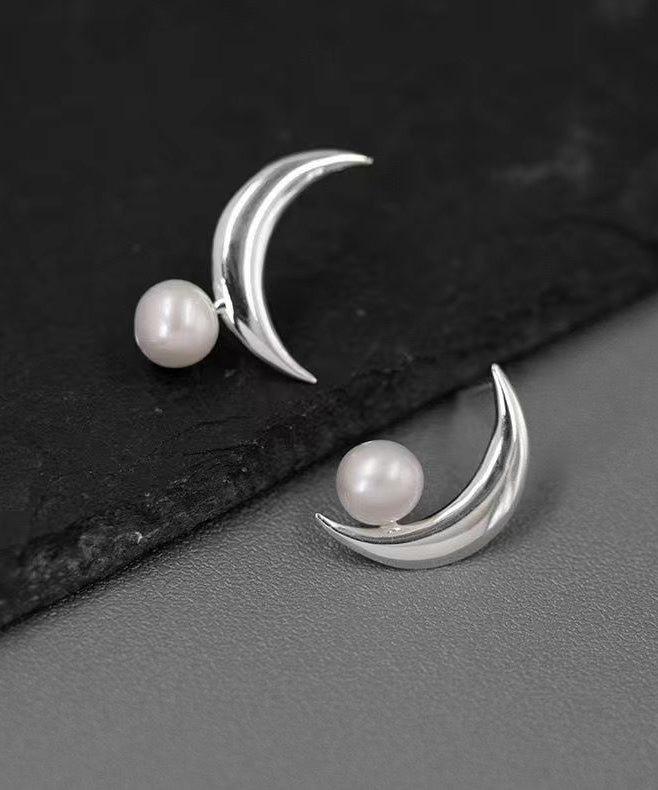 Unique Gold Sterling Silver Overgild Asymmetrical Moon Pearl Hoop Earrings