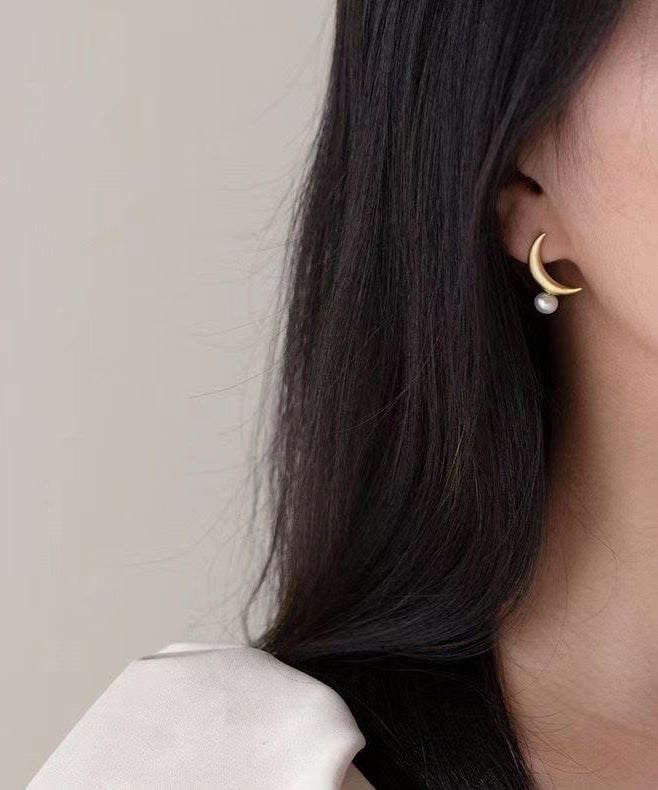 Unique Gold Sterling Silver Overgild Asymmetrical Moon Pearl Hoop Earrings