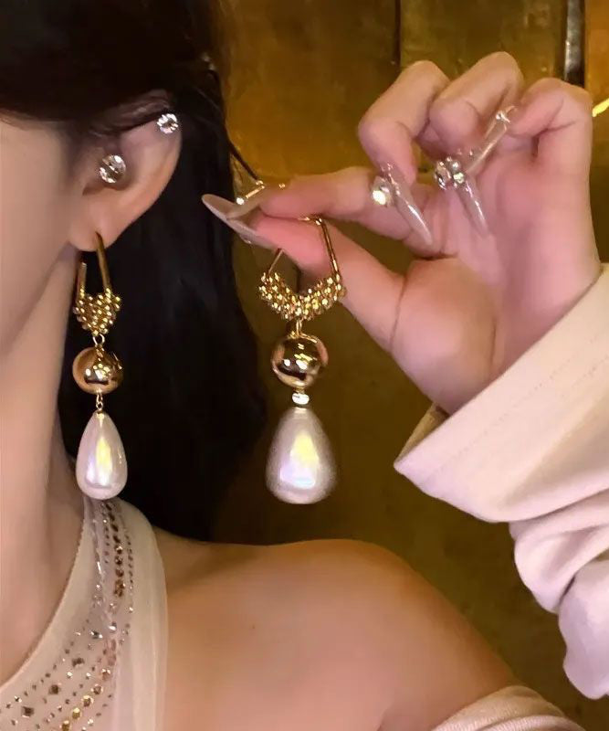 Unique Gold Sterling Silver Overtild Pearl Tassel Drop Earrings