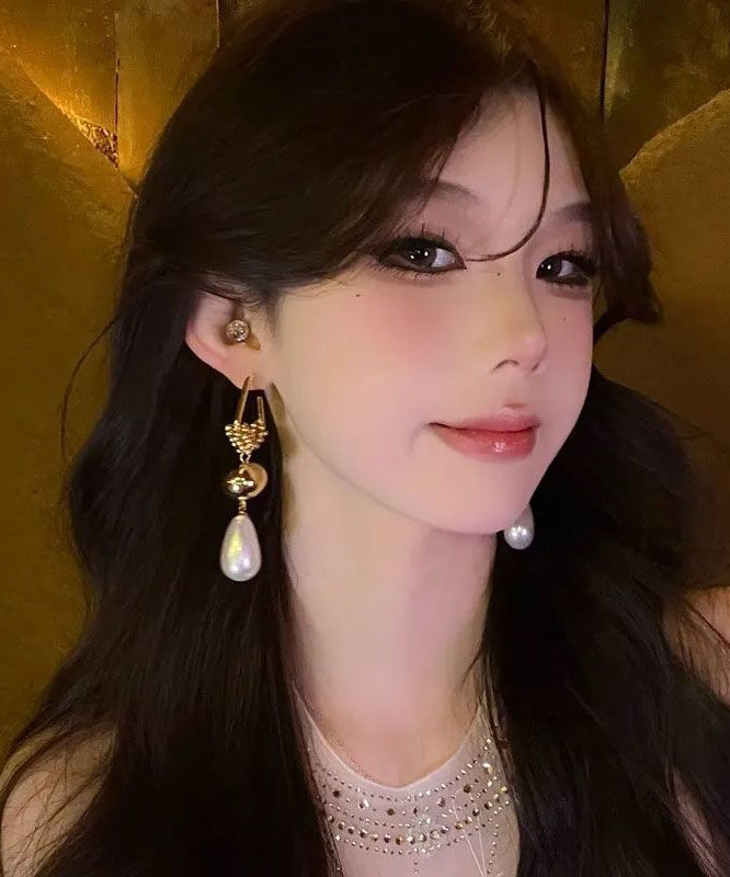 Unique Gold Sterling Silver Overtild Pearl Tassel Drop Earrings