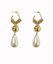 Unique Gold Sterling Silver Overtild Pearl Tassel Drop Earrings