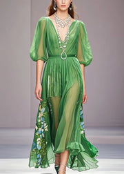 Unique Grass Green Puff Sleeve Print Chiffon Dress Summer