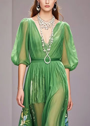 Unique Grass Green Puff Sleeve Print Chiffon Dress Summer