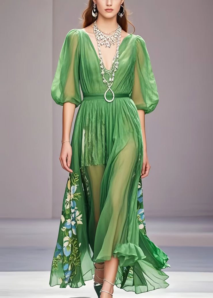 Unique Grass Green Puff Sleeve Print Chiffon Dress Summer