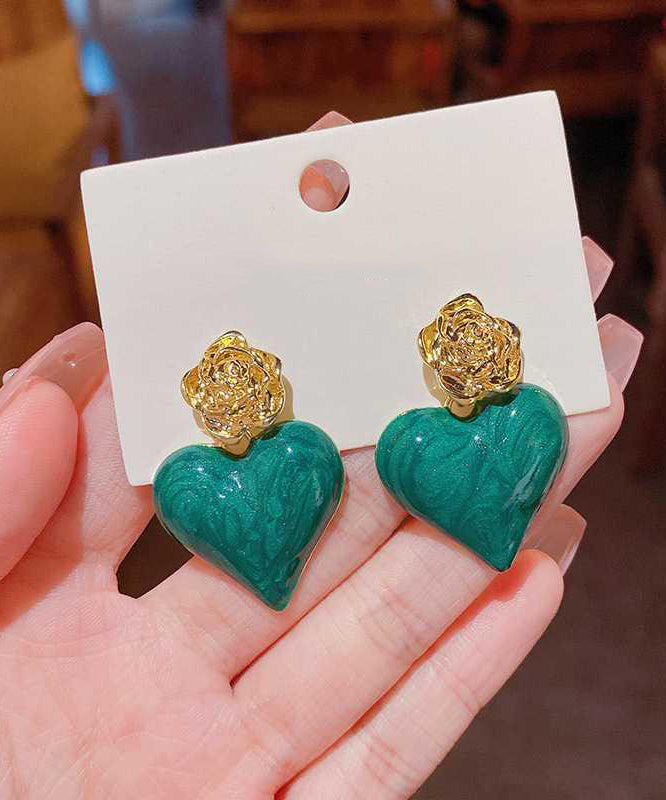 Unique Green Alloy Drip Glaze Rose Love Drop Earrings