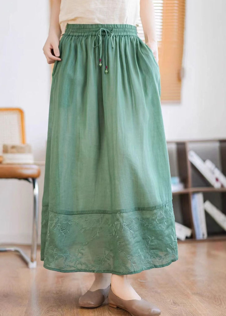 Unique Green Embroidered Patchwork Linen Skirt Summer