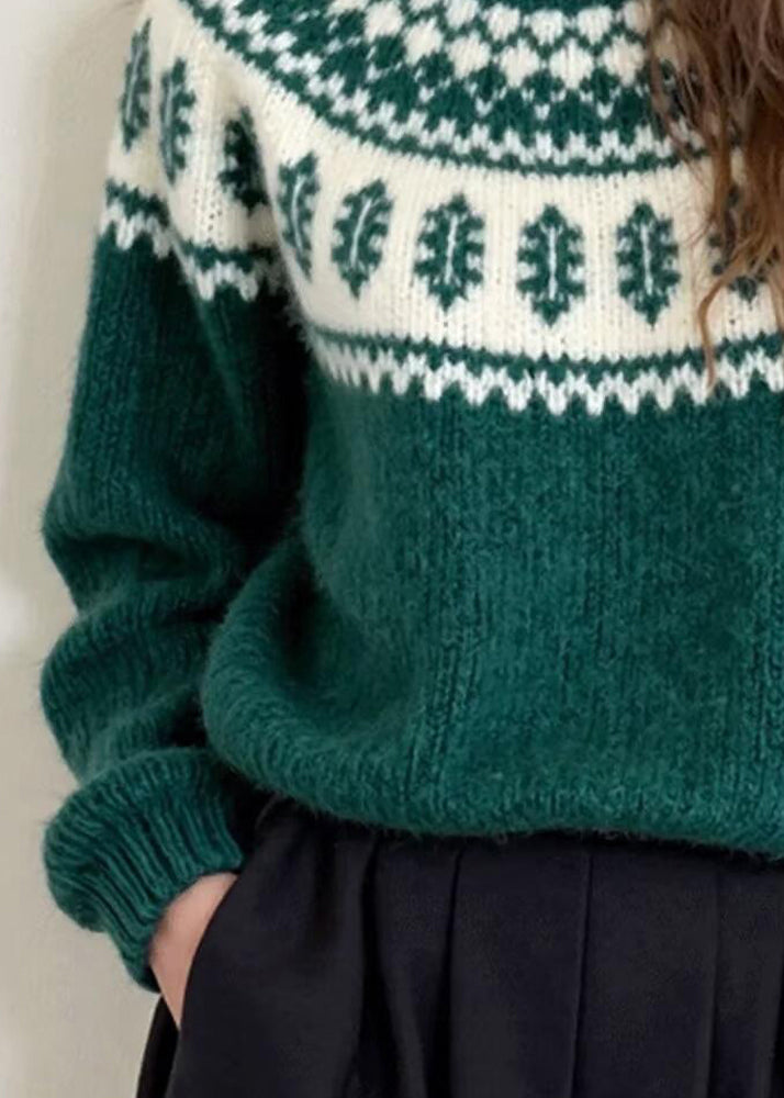 Unique Green O Neck Jacquard Thick Knit Sweater Winter