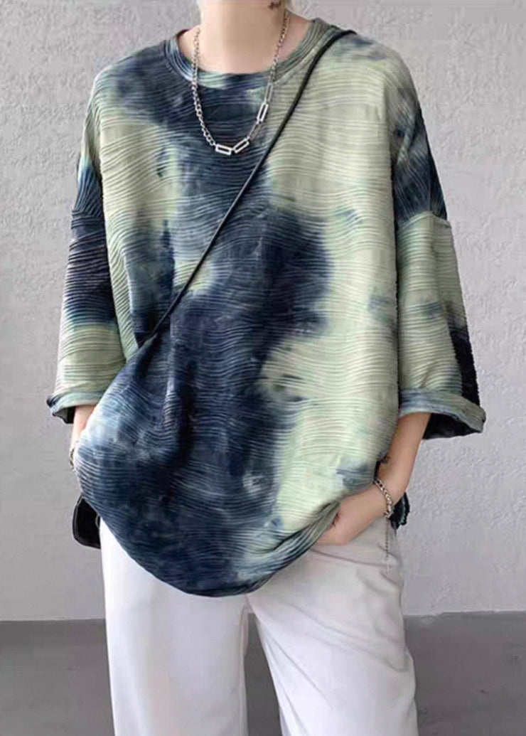 Unique Green O Neck Tie Dye Ice Silk Mens T Shirts Bracelet Sleeve