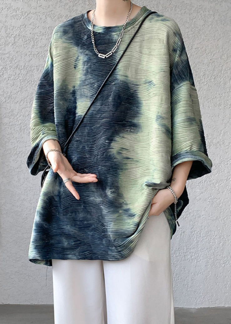 Unique Green O Neck Tie Dye Ice Silk Mens T Shirts Bracelet Sleeve