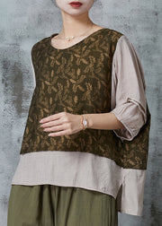 Unique Green Oversized Patchwork Cotton Fake Two Piece Top Half Sleeve